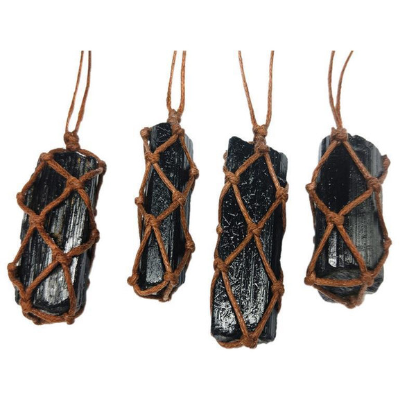 1 Pcs Natural Black Tourmaline Retro Raw Gemstone Pendant Crystal Hand-woven Jet Ore Radiation Protection Stone Craft C19041101