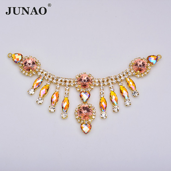 JUNAO 155*60mm Sewing Champagne AB Glass Rhinestone Fringe Chain Gold Metal Trim Claw Crystal Connector for Clothes Applique