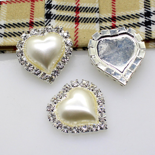 50pcs 22x21mm Heart Metal Rhinestone Button With Pearl Center Wedding Hair Embellishment DIY Accessory Factory Price