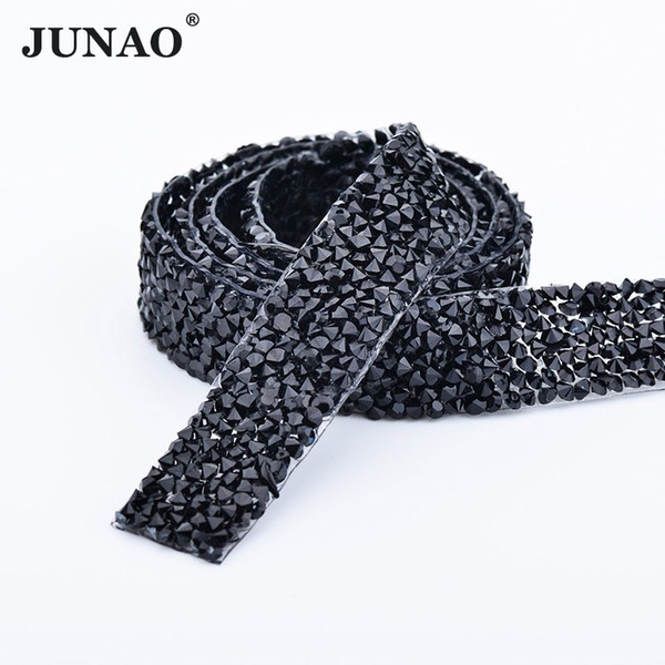 JUNAO 5 Yard *15mm Hotfix Black Rhinestones Fabric Chain Crystal Mesh Trim Resin Appliques Band For DIY Clothes Crafts