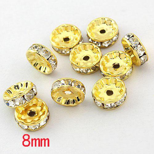 Free shipping HOT DIY 8mm White ( B Rhinestone ) Crystal spacer Beads Jewelry Findings Gold Plated