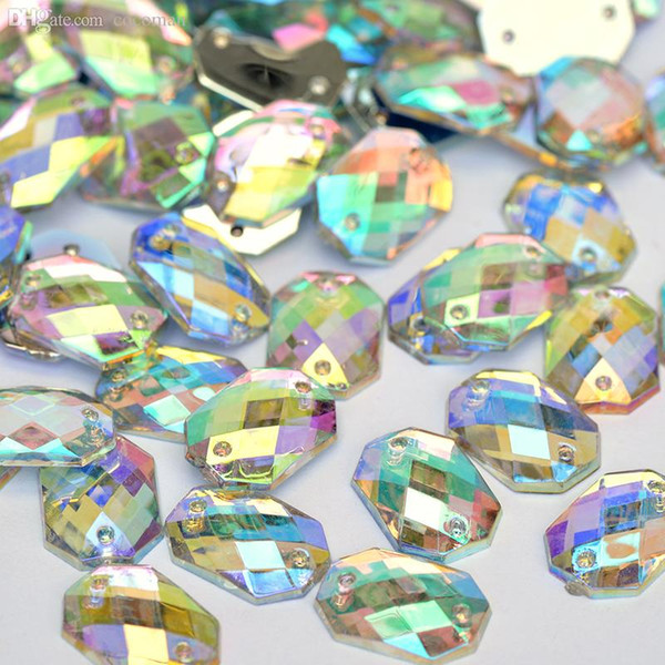 Wholesale-10*14mm Square Octagonal Crystal AB Rhinestone Sew On Flatback Acrylic Gems Strass Crystal Stones For Clothing Dress Decorations