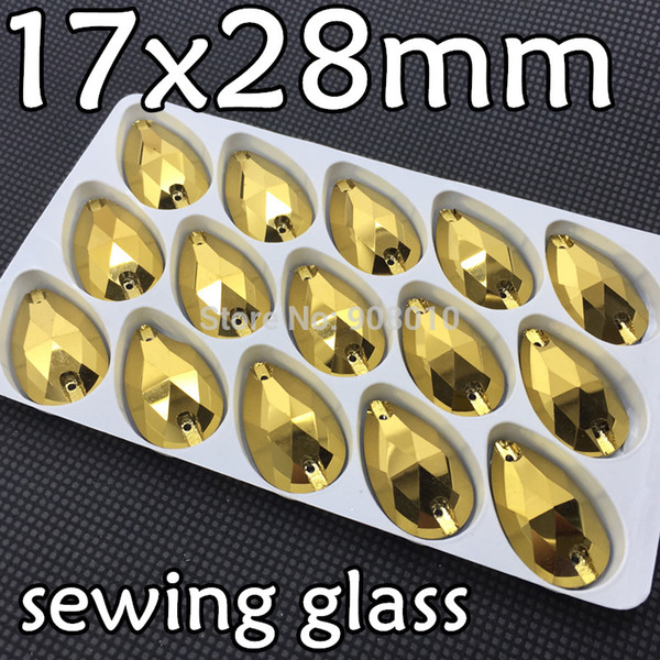 Wholesale-High Quality 60pcs/box 17x28mm Teardrop Sew On Rhinestones Gold Hematite Color Droplet Sewing Glass Crystals Dress Making