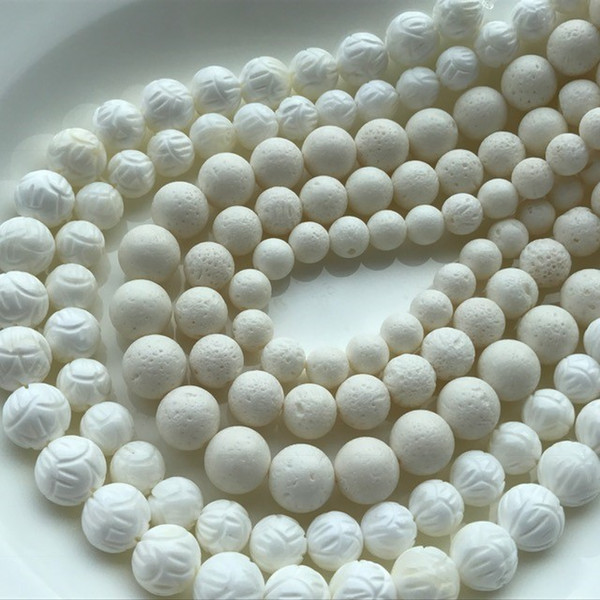 Natural Pure White Cream White Carving Sea Coral Round Loose Beads Fashion Jewelry Loose Strands Free Shipping