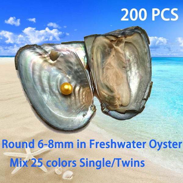 200PCS Single/Twins Colorful 6-8mm Round Pearls In Freshwater Oyster Shell As Mystery Surprise Gift With Vacuum Package Free Shipping