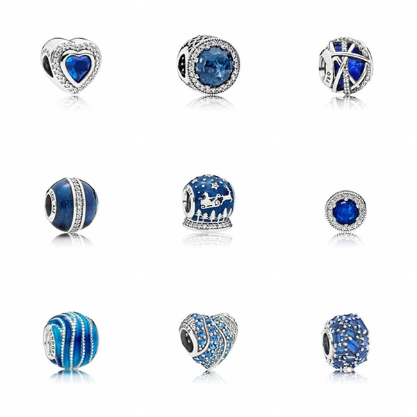 Top quality 925 Sterling Silver DIY Pandora Beads Blue Radiant Aqua Hearts bead Galaxy Charm Midnight Blue Orbit beads