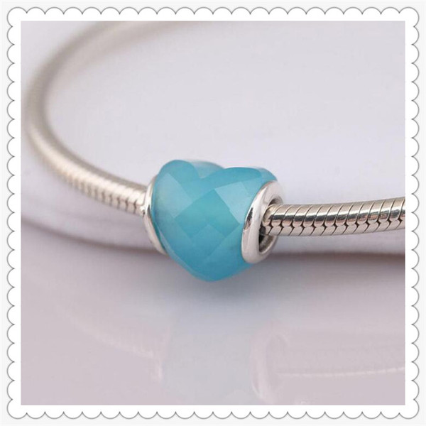 Genuine S925 Sterling Silver Scuba Shape Of Love Heart Bead Blue Turquoise Crysta Charm lFit For Pandora Bracelet DIY Beads Charms