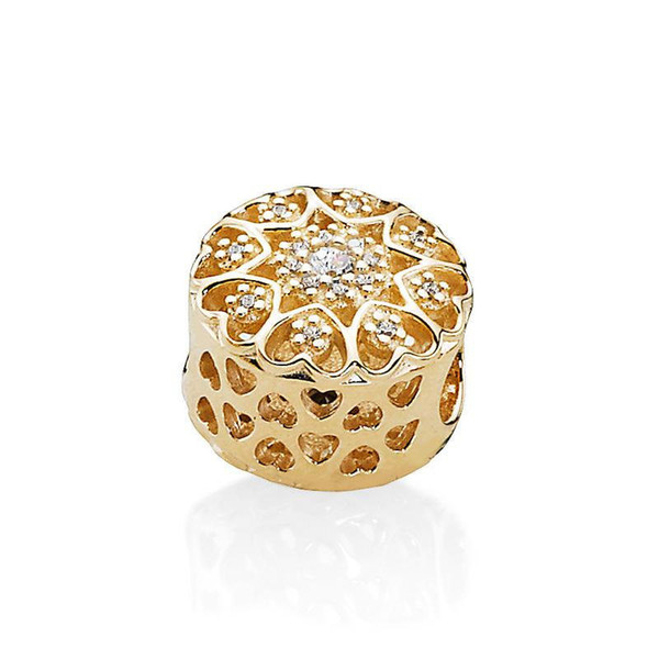 Luxury 14K Gold Plated Beads Clear CZ Fit European Pandora Jewelry Fashion Heart-shaped Snake Bracelet DIY Sterling Silver Charms with Box