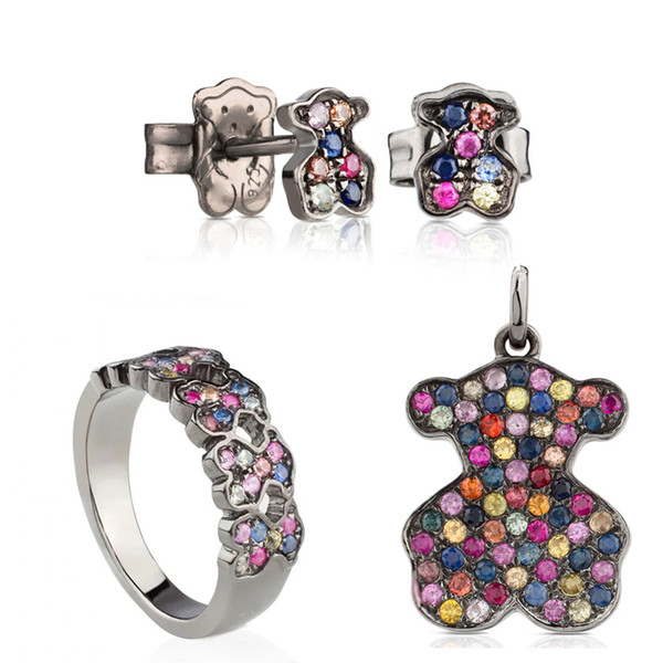 100% 925 Sterling Silver Colorful Sapphire Bear Pendant 213674580 Sweet Romantic Pierced Earrings Ring 313673520 C313675580