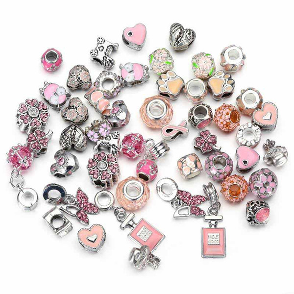 50 pcs a lot Mixed pink Theme Pendant Charm Sterling Silver European Charms Bead Fit Pandora Bracelets Snake Chain Fashion DIY Jewelry