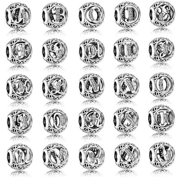 100% 925 Sterling Silver European Charms Vintage A-Z Letter Charm Fit For Pandora Style Bracelets DIY Loose Charm