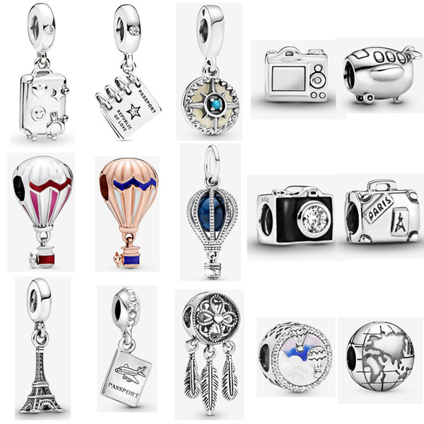 925 Sterling Silver Vintage Camera Charm Blue Hot Air Balloon Travel Charm fit Pandora Original Bracelet DIY Silver Jewelry