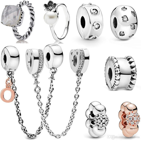 100% 925 sterling silver overhanging crown O logo heart safety chain and paving bead pad shiny crown O shiny leaf beaded heart cli
