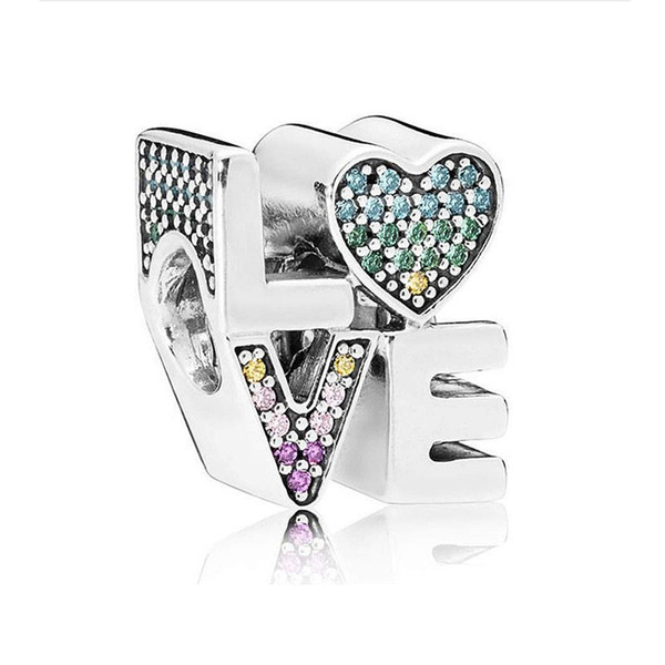 Rainbow Pave Love Silver Charm in 925 Stelring Silver Bead Charm fit Pandora Bracelets for Women Jewelry Making