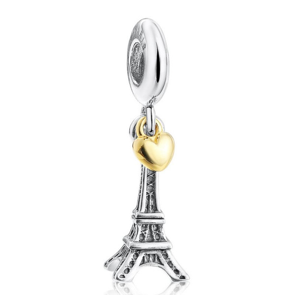 Fine Jewelry 925 sterling silver eiffel tower dangle charms pendant with 14k gold plated heart for women Fits European Bracelets DIY Making