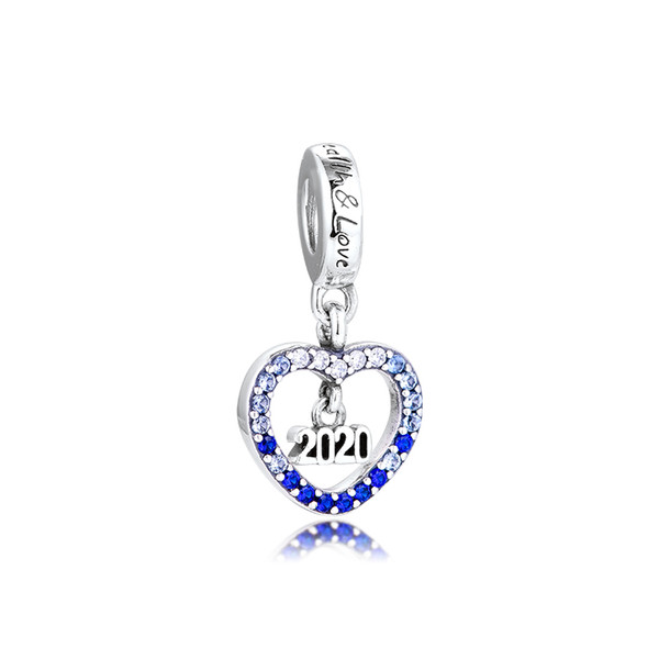 New Authentic 925 Sterling Silver Love Hearts Pave Blue Crystal 2020 New Year Charm Pendant Bead Fit Charm Bracelet Diy Jewelry Women Gift