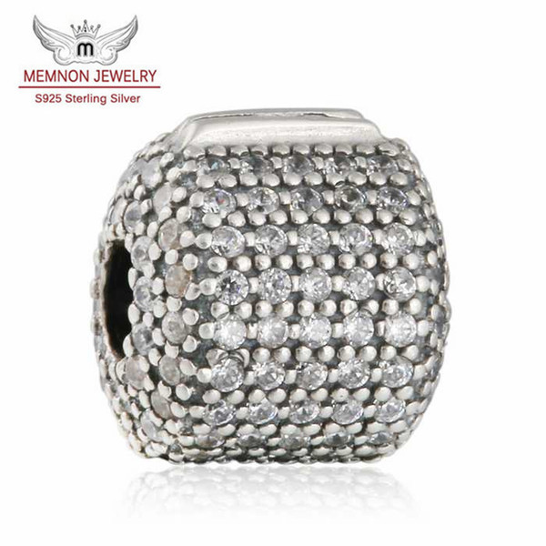 Memnon Jewery sterling silver CZ Pave Barrel Clip Charm Beads For Jewelry Diy Making Summer New 925-sterling-silver Lock Clips charms KT060