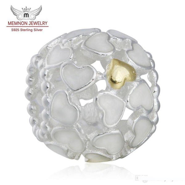 Memnon Jewery 925 Sterling Silver with Gold Plated Openwork Enamel Heart Charm Beads For Women Charm Bracelet DIY Jewelry Making GD083