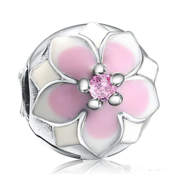 Magnolia Bloom Fixed Clip Beads For Jewelry Making 925 Sterling Silver Enamel Flower Stopper Charms Bead DIY Bracelets Accessories HB760