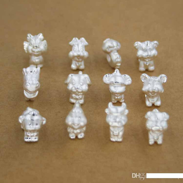 12pcs Set S999 Sterling Silver Chinese Zodiac Design Loose Beads Ball Plunger For DIY Handmade Bracelet Jewelry Accessories