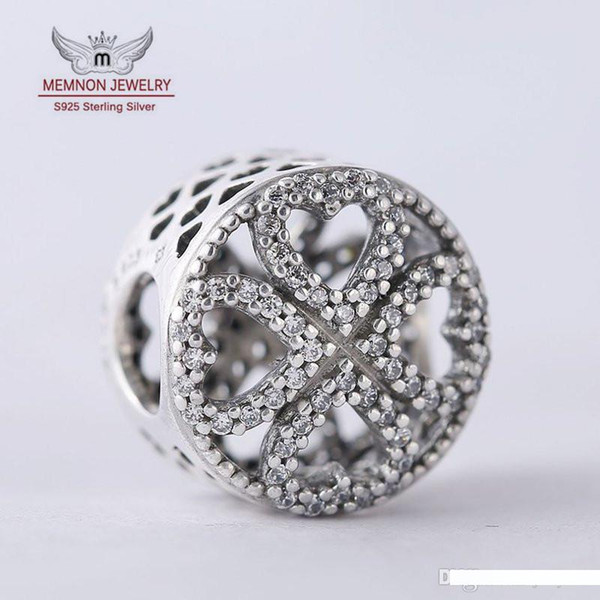 Memnon Jewelry Authentic 925-Sterling-Silver-Jewelry Pave CZ Clover Flower Bead Charm Bracelets Petals of Love Heart Charms Beads BE323