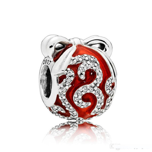 Real 100% 925 Sterling Silver Bead Red Christmas fruit Bead Fit Pandora Original Bracelet Charm Clear CZ Free Shipping DIY Jewelry Women Gif