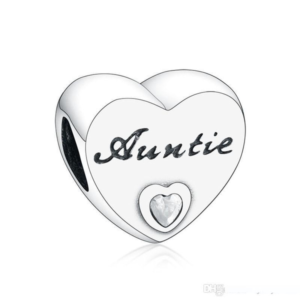 New 100% Real 925 Sterling Silver Beads Auntie's Love Heart Charms Fit Women Gift Diy Bracelets Beads for Jewelry Making