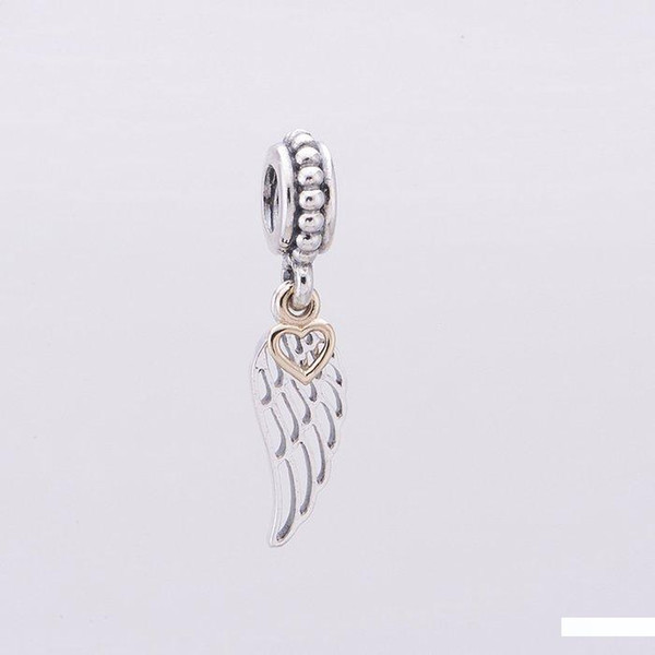 925 Sterling Silver Angel Wing Silver Dangle Bead with Real 14k Heart Fits Pandora Style Jewelry Charm Bracelets & Necklaces