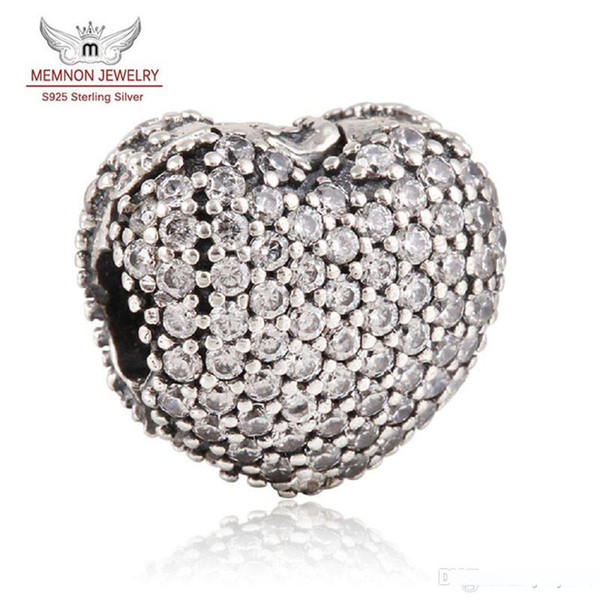 Memnon Jewery 925-Sterling-Silver Pave CZ Love Heart Lock Clip Beads For Women Famous Brand charms bead Bracelet DIY Jewelry Making kt037