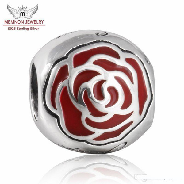 Memnon Jewery 925 Sterling Silver Flower Belle Enchanted Rose Beads With Red Enamel For Women Charm Bracelets DIY Jewelry Making DSN042