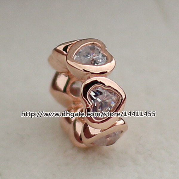 925 Sterling Silver & Rose Gold plated Heart Spacer Charm Bead with Clear Cz Fits European Pandora Jewelry Bracelets & Necklaces Necklaces