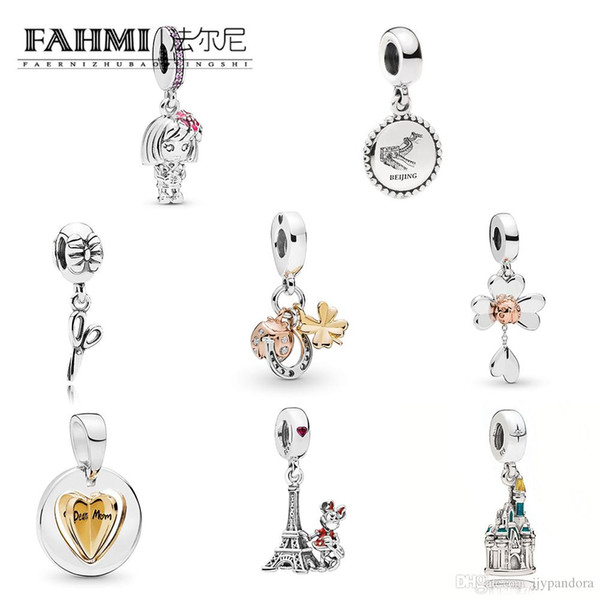 FAHMI 925 Sterling Silver 1:1 Scissors Tower Horseshoe Clover Ladybug Mother's Heart Rotating Love Travel Castle Beijing Great Wall Pendant