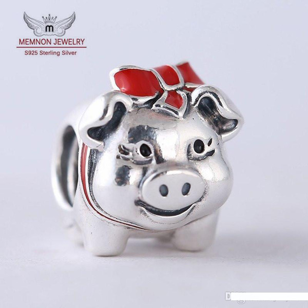 Memnon Jewelry 925 Sterling Silver Piggy Bank Beads Enamel Pig Charm Beads fit charms beads Bracelets Pendant For DIY Jewelry Making BE326