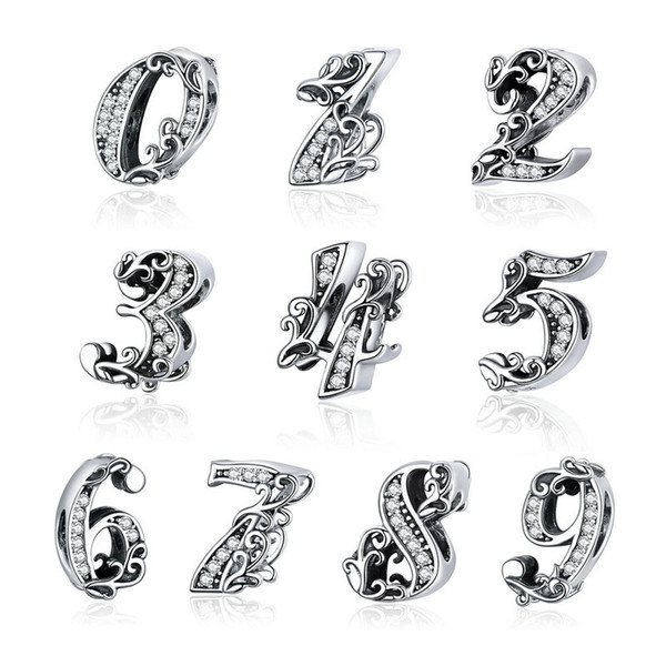 Elegant 925 Sterling Silver Lucky Numbers 0-9 Beads Zircon Reliefs Charms Fit Original Bracelet Pendant Jewelry Gift