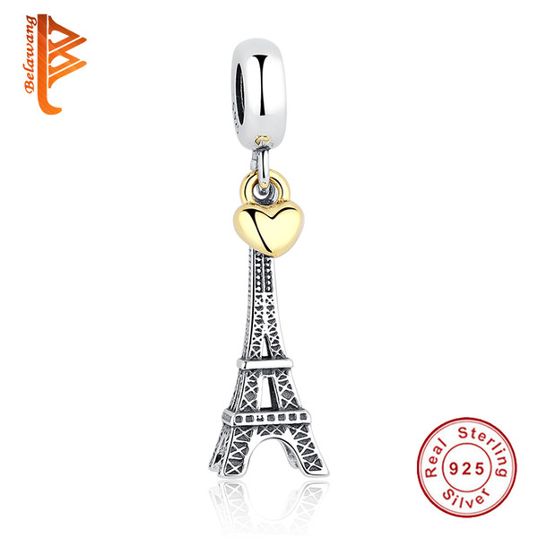 BELAWANG PARIS EIFFEL TOWER Charm Pendant 925 Sterling Silver Gold Heart Beads Fit Pandora Bracelets Necklaces Jewelry For Valentine's Day