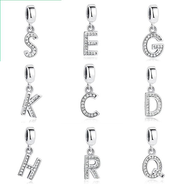 BELAWANG Authentic 925 Sterling Silver Jewelry Crystal A-Z Letter Pendant 26 Alphabet Pendant Charms Fit Pandora Original Bracelet&Necklace