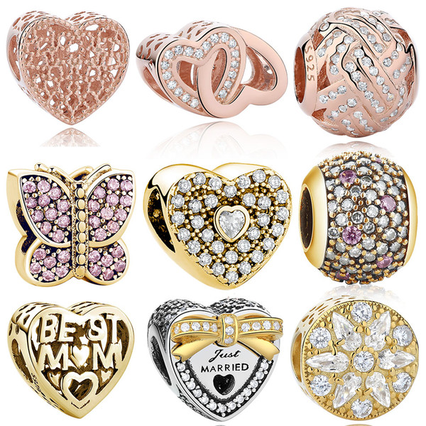 BELAWANG 10 Styles 925 Sterling Silver Rose Gold Charm Beads Heart Shape Crystal Big Hole Bead Jewelry Fit Pandora Charm Bracelet DIY Making