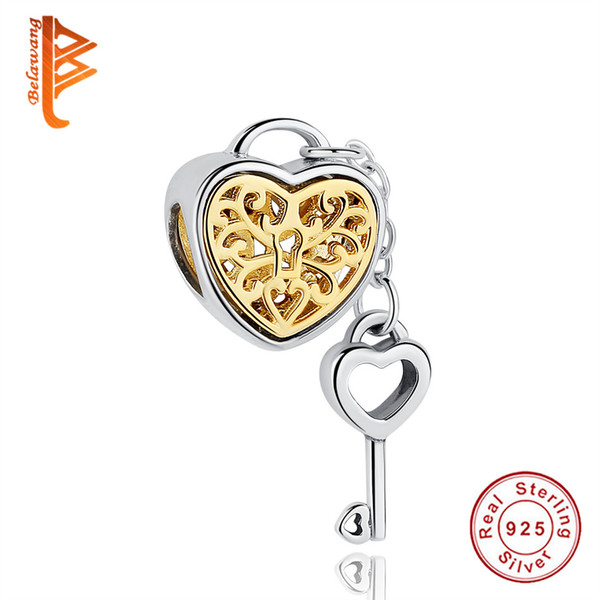 BELAWANG Real 925 Sterling Silver Heart Lock&Key Charms with Link Big Hole Loose Beads Fit Pandora Charm Bracelet&Bangle DIY Jewelry Making