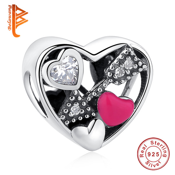 BELAWANG 100% 925 Sterling Silver Heart Shape Charm Beads Cupid's Arrows Beads with CZ Fit Pandora Charm Bracelet Making for Women Jewelry