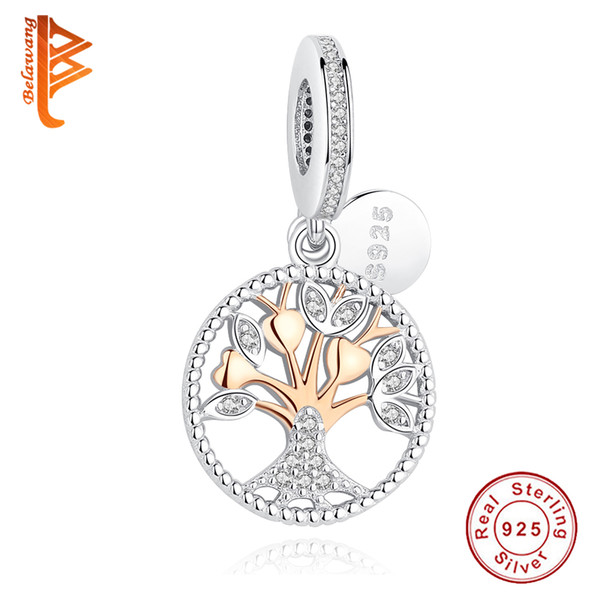 BELAWANG Rose Gold Family Tree Dangle Charms 925 sterling silver Cubic Zircon Charms Fit Original Pandora Charm Bracelets DIY Making