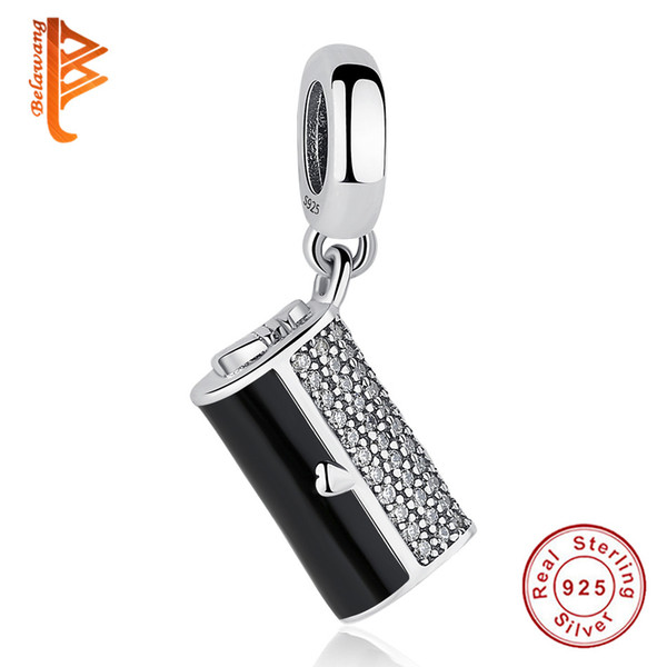 BELAWANG 100% 925 Sterling Silver Clutch Bag Dangle Charm Black Enamel CZ Charms Fit Pandora Charm Bracelets&Bangles DIY Jewelry Making