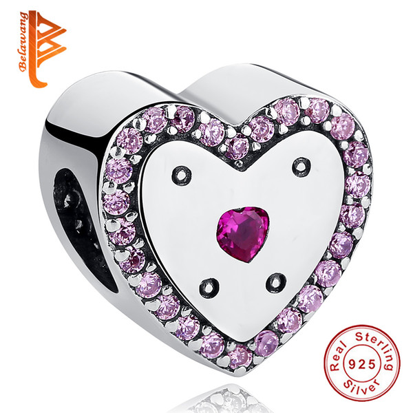 BELAWANG For Women 925 Sterling Silver Beads Heart Charm With Cubic Zirconia Purple Crystal Heart Charm Fit Pandora Bracelet DIY Jewelry
