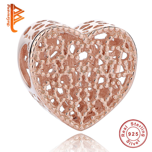 BELAWANG Rose Gold Charm 925 Sterling Silver Big Hole Beads Hollow Heart Charm Beads fit Pandora Bracelet&Necklaces for Best Jewelry Gift