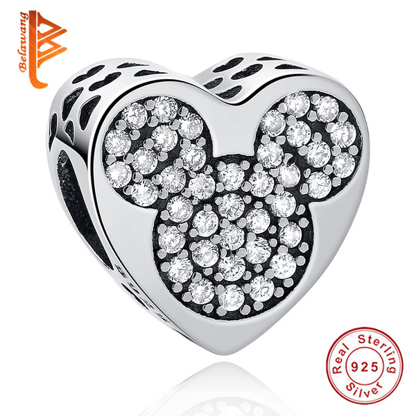 BELAWANG 925 Sterling Silver Charms Heart Shape Clear Cubic Zirconia Beads Fit Pandora Charms Bracelet DIY Women Fashion Jewelry Making