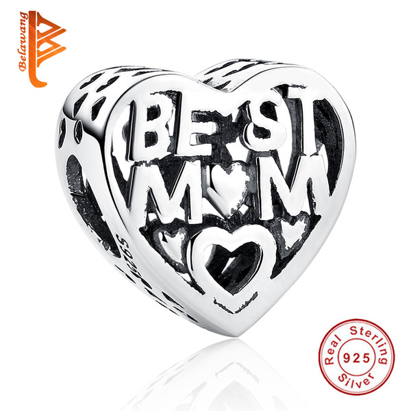 BELAWANG for Mother'Day Gift 925 Sterling Silver Beads with BEST MOTHER Heart Charm Fit Pandora Charm Bracelet For Women Accessories Jewelry