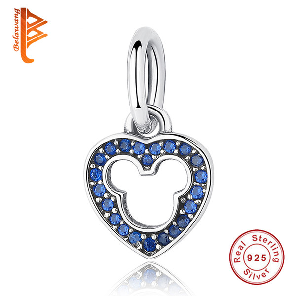 BELAWANG European 925 Sterling Silver Heart Pendant Blue&Pink Crystal Charms Fit Original Pandora Charm Bracelets&Bangles Jewelry DIY Making