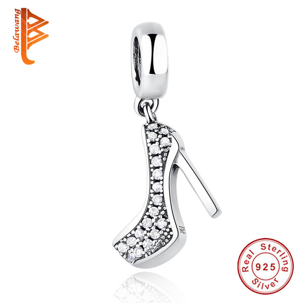 BELAWANG 2017 New Fashion 925 Sterling Silver Sparkling Shoe Stiletto Pendant Charm Fit Pandora Bracelet Necklace with Clear Cubic Zirconia