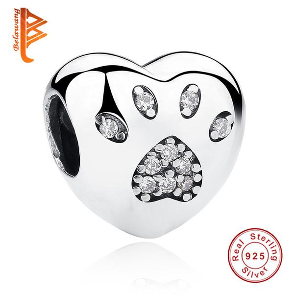 BELAWANG 925 Sterling Silver Clear Cubic Zirconia Paw Prints Animal Beads Crystal Heart Charms Fit Pandora Original Bracelet DIY Jewelry