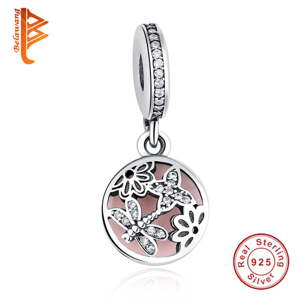 BELAWANG New 925 Sterling Silver Beads Butterfly Dragonfly Flower Pink Enamel Charm Fit Pandora Snake Chain Bracelets&Necklaces DIY Jewelry