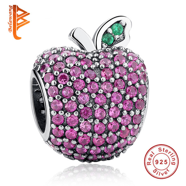 BELAWANG 925 Sterling Silver Pave Apple Fancy Rose Red CZ & Green Crystal Charm Fit Pandora Bracelet Bangle DIY Jewelry Making